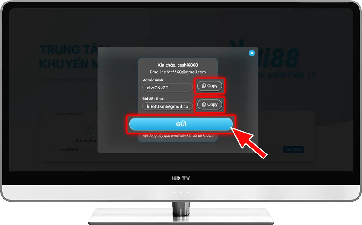 Bước 3: Sao chép MÃ XÁC MINH và EMAIL của hệ thống nhấn "GỬI".